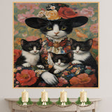 Elegant Blooms: Tuxedo Cat Mom in Victorian Attire with Three Kittens on Ready to Hang 1.5" Thick Canvas Wrap, Floating Framed Canvas, Flat Rolled Canvas