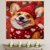 Sweetheart Charm: Corgi in a Red Heart-Adorned Top and Hat Endearing Romantic Painting on Ready to Hang 1.5" Thick Canvas Wrap, Floating Framed Canvas, Flat Rolled Canvas