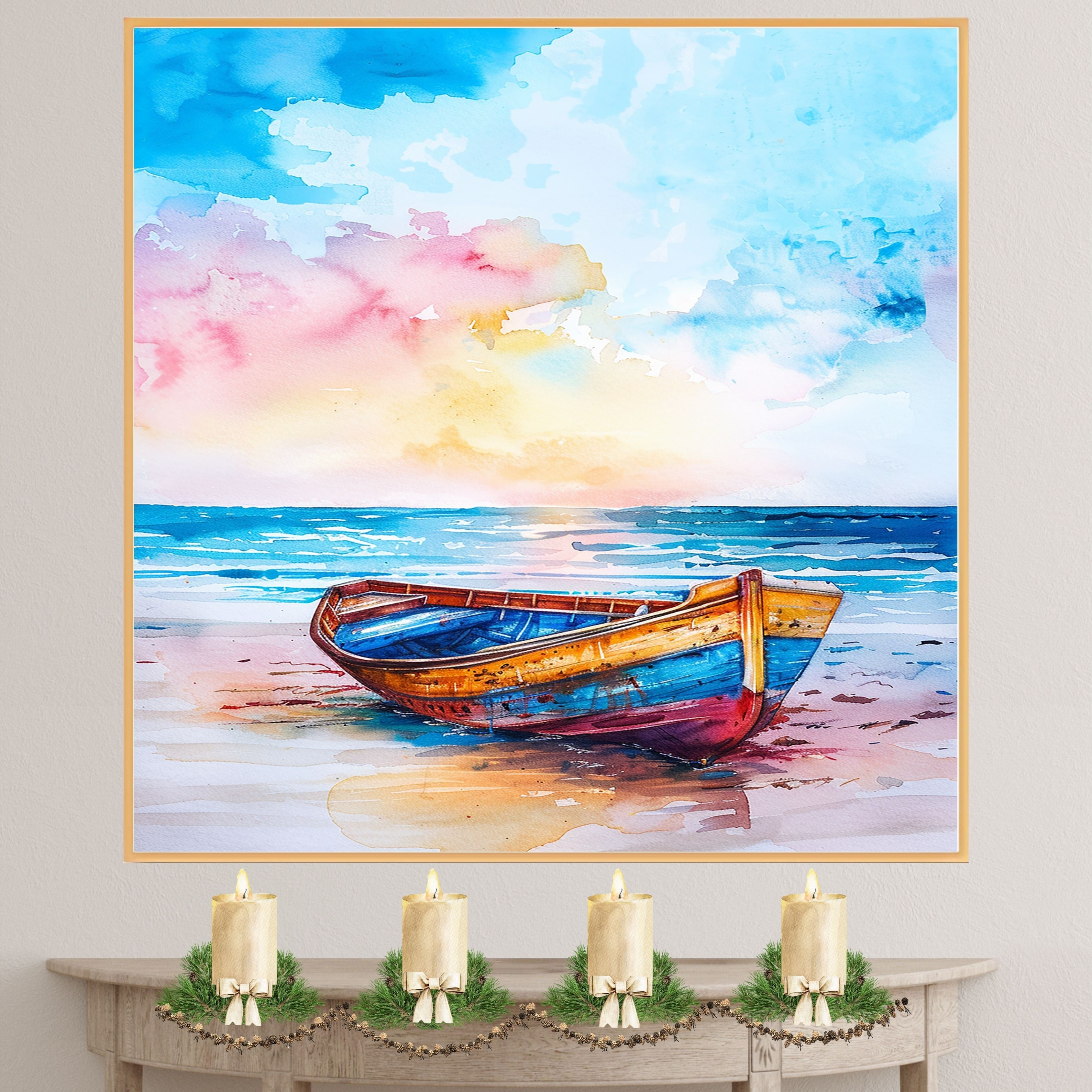 Watercolor Painting of Colorful Wooden Boat on Sandy Shore with Ocean View and Bright Sky in Soft Blue Pink and Yellow Tones on Ready to Hang 1.5" Thick Canvas Wrap, Floating Framed Canvas, Flat Rolled Canvas