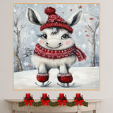 Whimsical Christmas Donkey Ice Skating with Red Scarf and Hat Canvas or Festive Wall Art Print on Ready to Hang 1.5" Thick Canvas Wrap, Floating Framed Canvas, Flat Rolled Canvas