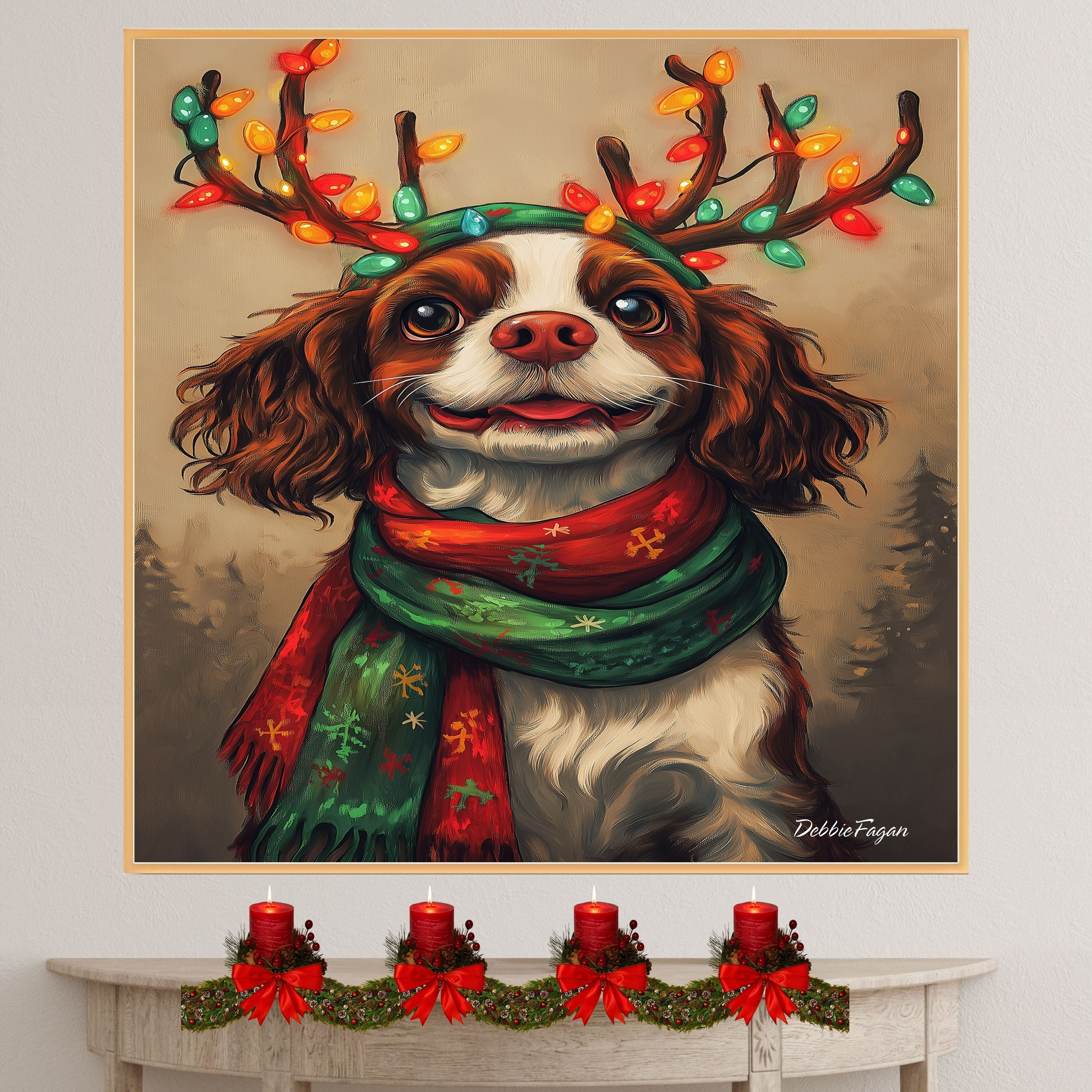 "Forest Frost" - Cavalier King Charles Dog with Lighted Antlers & Festive Scarf in Snowy Forest, Ready to Hang 1.5" Thick Canvas Wrap, Floating Framed Canvas, Flat Rolled Canvas