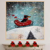Whimsical Christmas Dachshund Dog Riding Red Sleigh Through Snowy Landscape Playful Holiday Art Print for Dog Lovers and Wintertime Home Decoration on Ready to Hang 1.5" Thick Canvas Wrap, Floating Framed Canvas, Flat Rolled Canvas