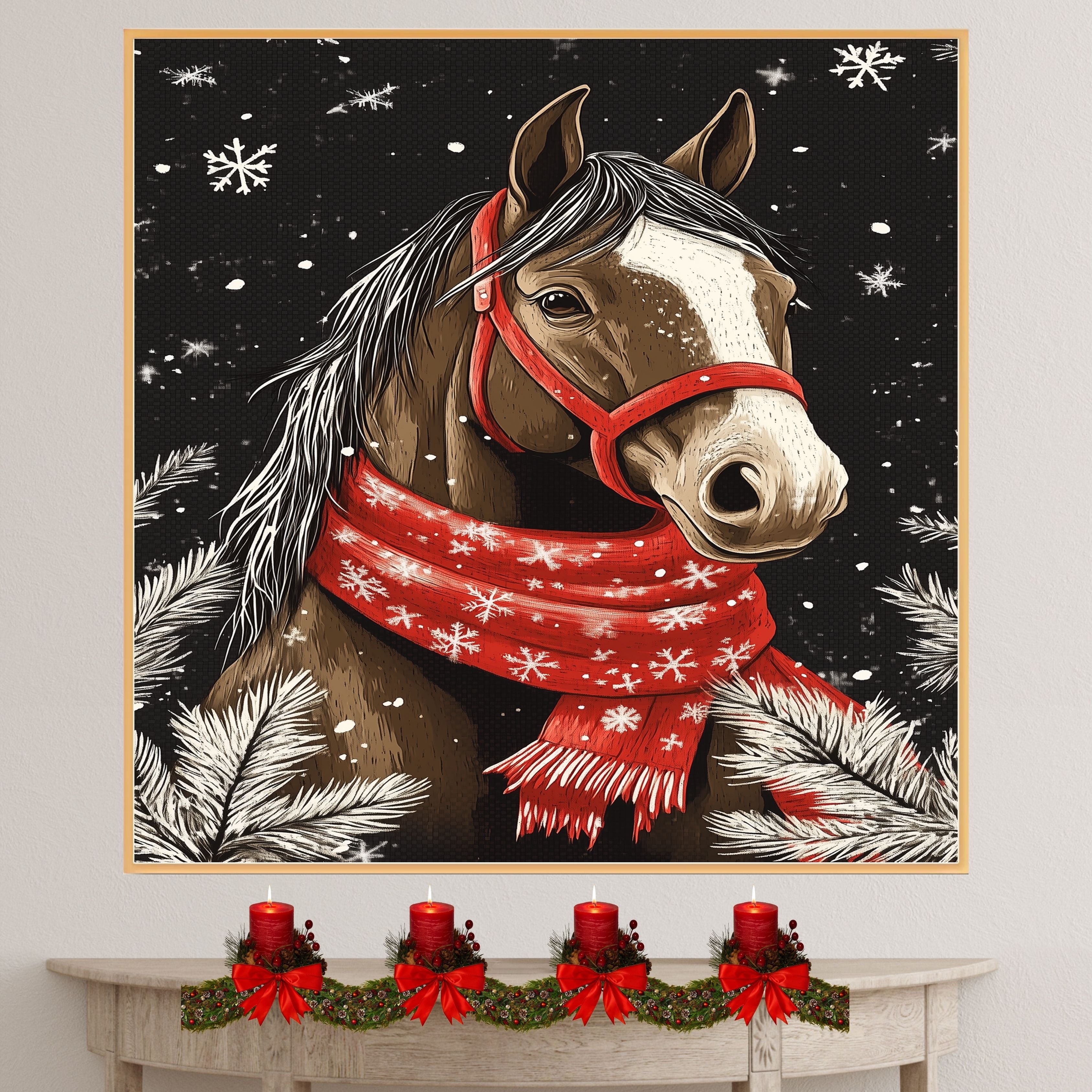 "Winter Majesty Horse" - Horse in Red Scarf Standing in Snow on Ready to Hang 1.5" Thick Canvas Wrap, Floating Framed Canvas, Flat Rolled Canvas