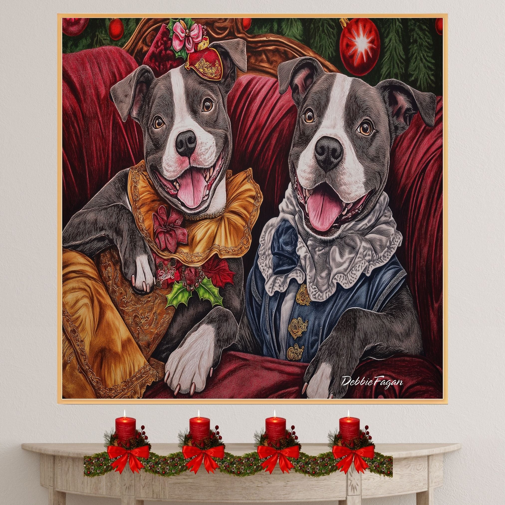 Staffie Christmas Canvas - "Victorian Whimsy" - American Staffordshire Bull Terriers in Elegant Attire on Ready to Hang 1.5" Thick Canvas Wrap, Floating Framed Canvas, Flat Rolled Canvas