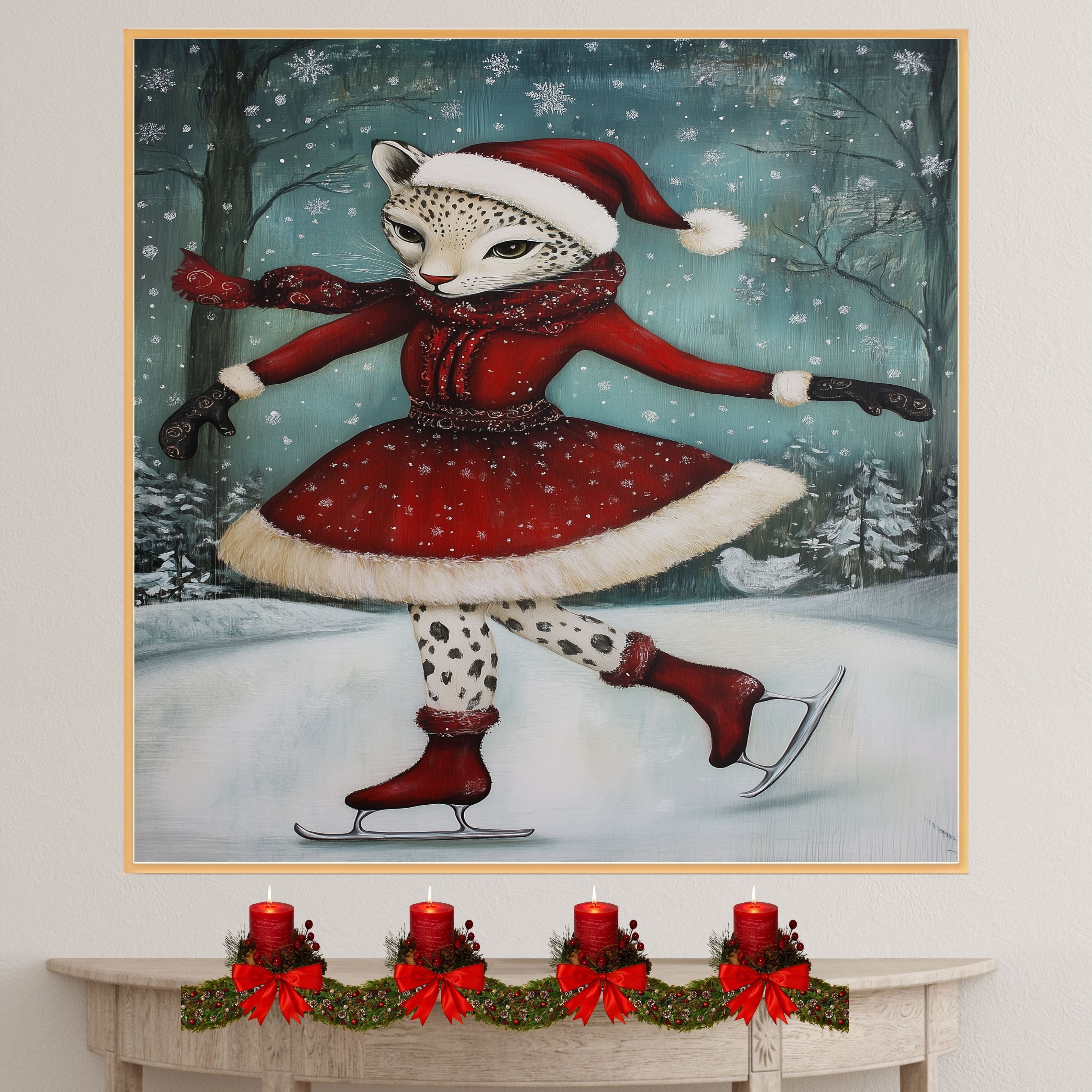 Graceful Christmas Cougar Ice Skating in Red Dress Whimsical Holiday Big Cat Art in Snowy Forest for Winter Decor and Festive Animal-Themed Home Styling on Ready to Hang 1.5" Thick Canvas Wrap, Floating Framed Canvas, Flat Rolled Canvas