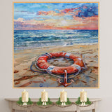Watercolor Painting of a Life Ring and Anchor on the Beach with Ocean Waves and a Colorful Coastal Sunset Sky on Ready to Hang 1.5" Thick Canvas Wrap, Floating Framed Canvas, Flat Rolled Canvas
