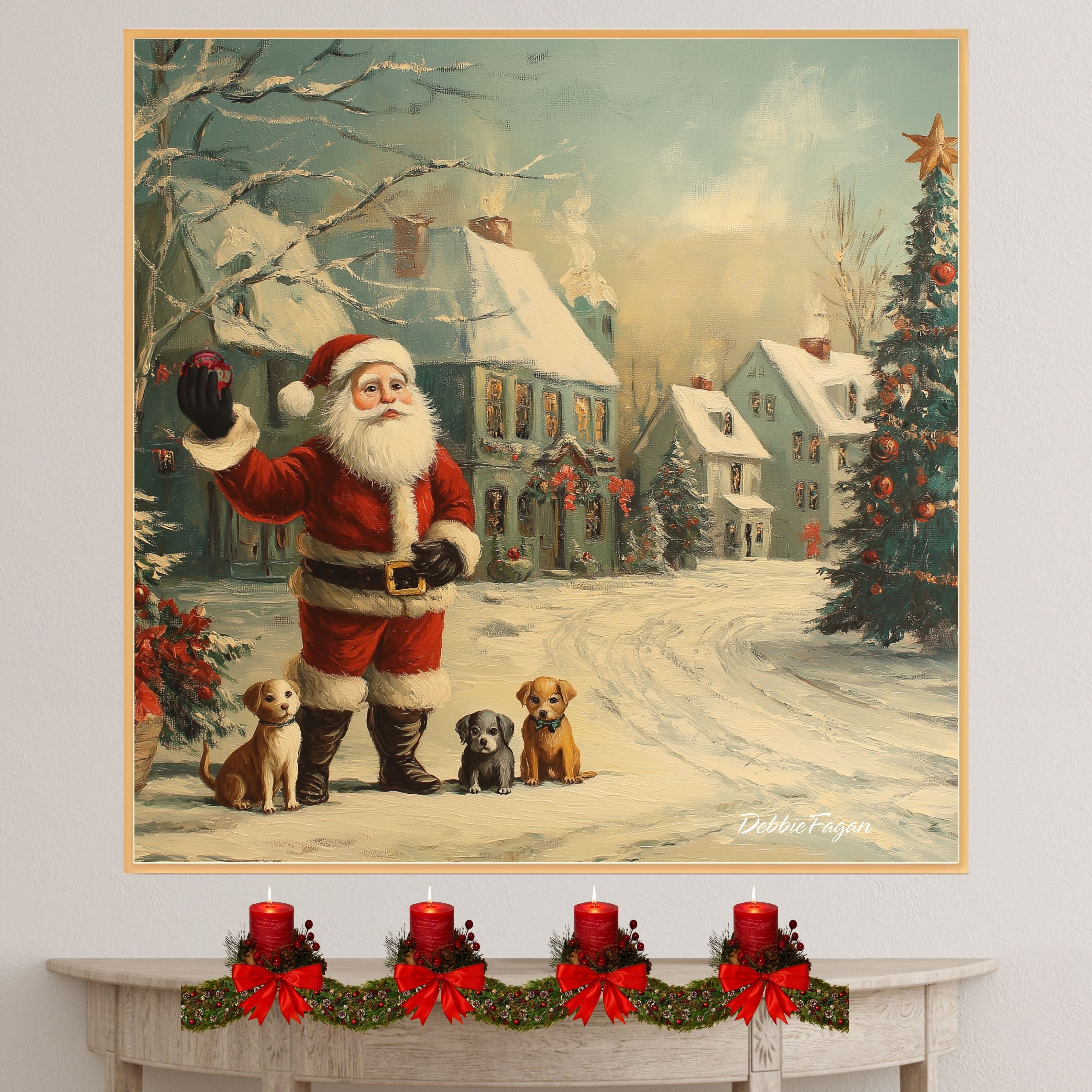 "Santa's Joyful Pups" - Heartwarming Scene of Santa with Adorable Puppies in a Festive Christmas Village on Ready to Hang 1.5" Thick Canvas Wrap, Floating Framed Canvas, Flat Rolled Canvas