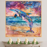 Watercolor Painting of Dolphin Leaping from Ocean with Color Splash Sky and Abstract Cosmic Sunset in Vivid Pink Blue and Gold Tones on Ready to Hang 1.5" Thick Canvas Wrap, Floating Framed Canvas, Flat Rolled Canvas