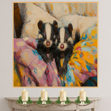 Sweet Painting of Two Baby Skunks Nestled in Colorful Bedding with Curious Faces and Bright Eyes Surrounded by Soft Pillows and Vibrant Brushstrokes on Ready to Hang 1.5" Thick Canvas Wrap, Floating Framed Canvas, Flat Rolled Canvas