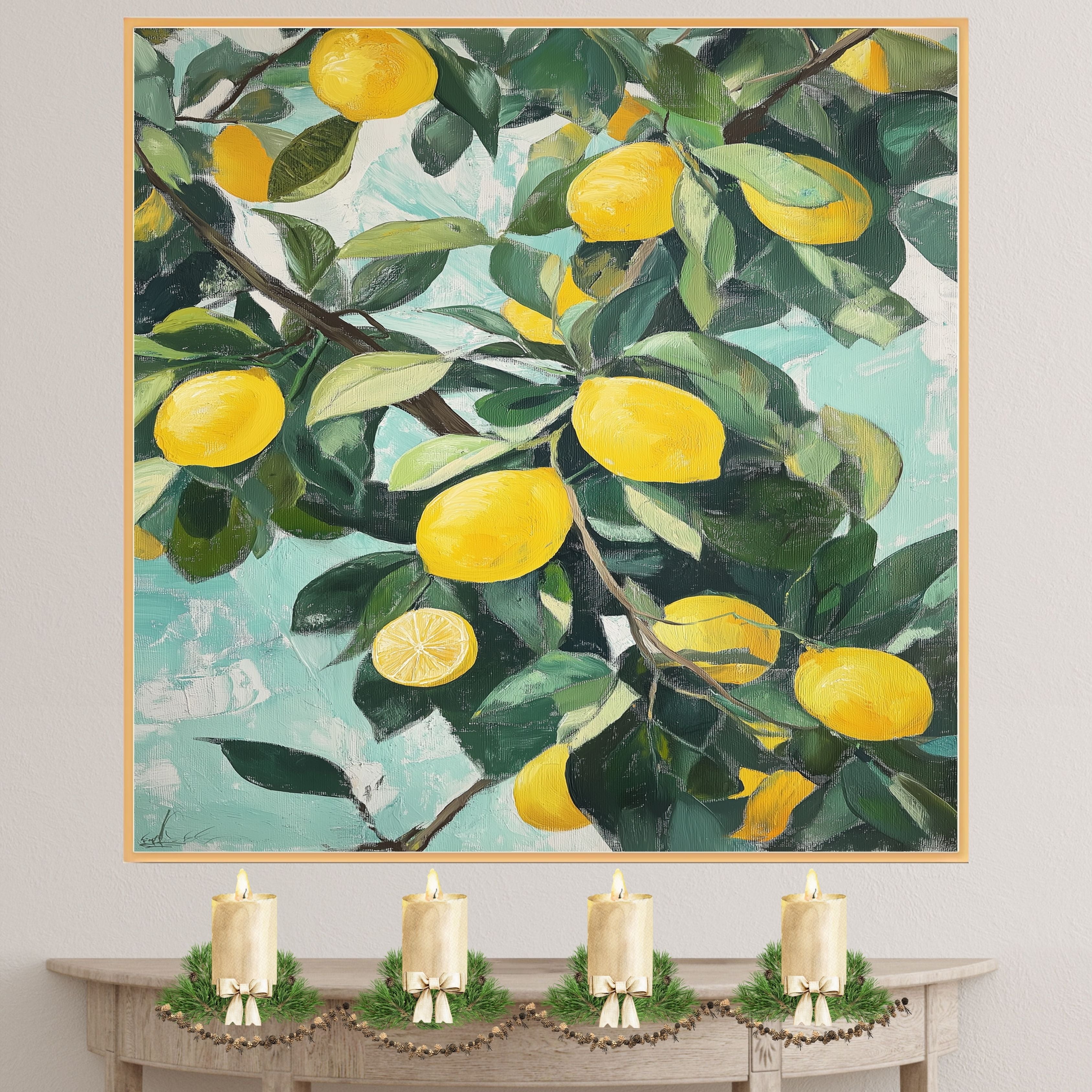 Vintage Lemon Tree Branch with Ripe Yellow Lemons and Green Leaves Artistic Botanical Illustration for Kitchen or Dining Room Rustic Farmhouse Fruit Art