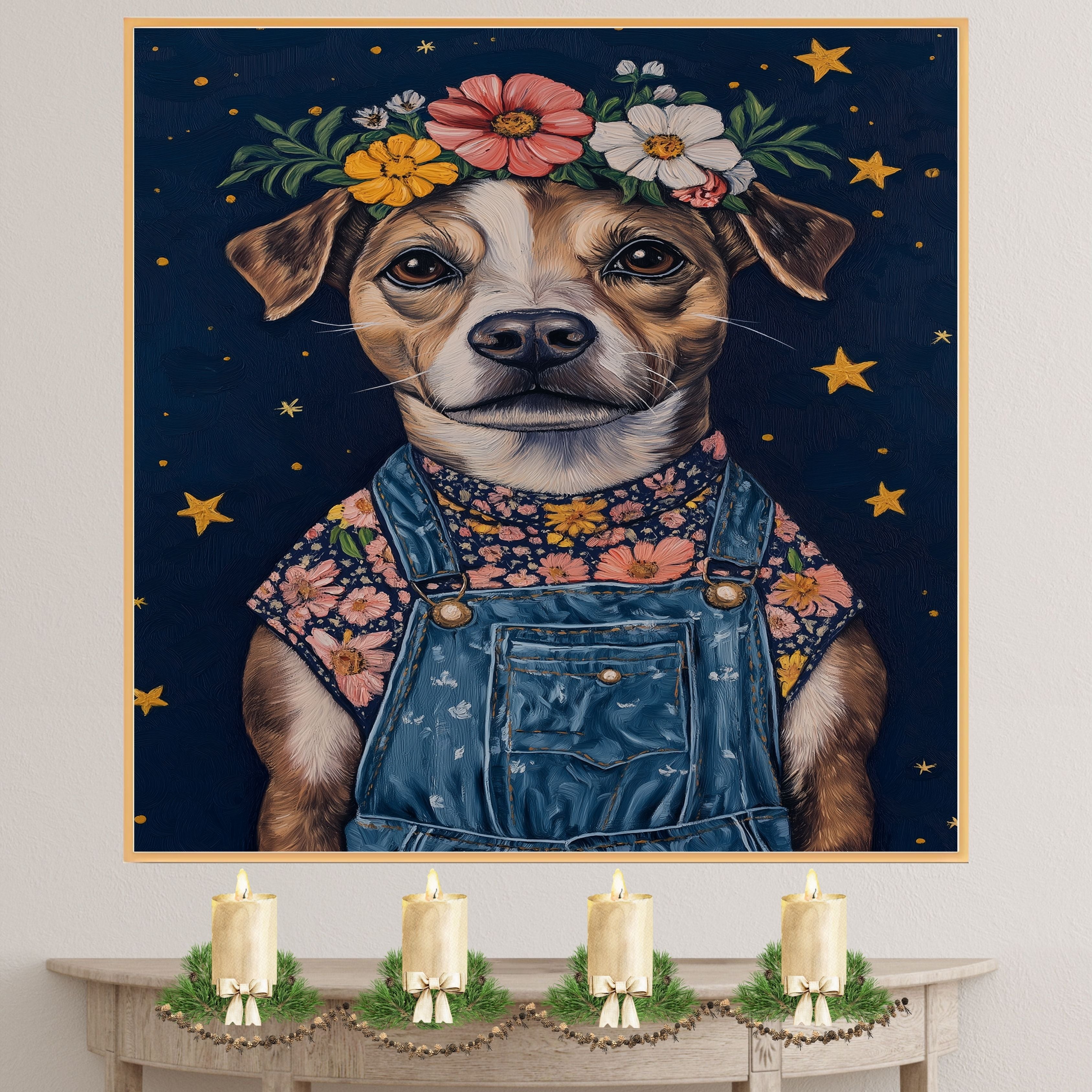 Dog Wearing Overalls and Floral Crown Art Whimsical Animal Painting for Nursery Farmhouse Decor Dog Lover Gift Cute Rustic Wall Print for Bedroom or Living Room on Ready to Hang 1.5" Thick Canvas Wrap, Floating Framed Canvas, Flat Rolled Canvas