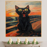 Dramatic Black Cat Screaming on Canvas – Bold Sunset Scene in Expressionist-Inspired Brushstrokes on Ready to Hang 1.5" Thick Canvas Wrap, Floating Framed Canvas, Flat Rolled Canvas
