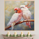 Romantic Cockatoo Pair Artwork Featuring Pale Pink and White Parrots with Fluffy Crests Cuddling on a Branch in a Soft Nature-Inspired Background on Ready to Hang 1.5" Thick Canvas Wrap, Floating Framed Canvas, Flat Rolled Canvas