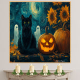 Halloween Night Art with Black Cat, Glowing Jack-o’-Lantern, Sunflowers, Pumpkins, and a Starry Van Gogh Sky on Ready to Hang 1.5" Thick Canvas Wrap, Floating Framed Canvas, Flat Rolled Canvas