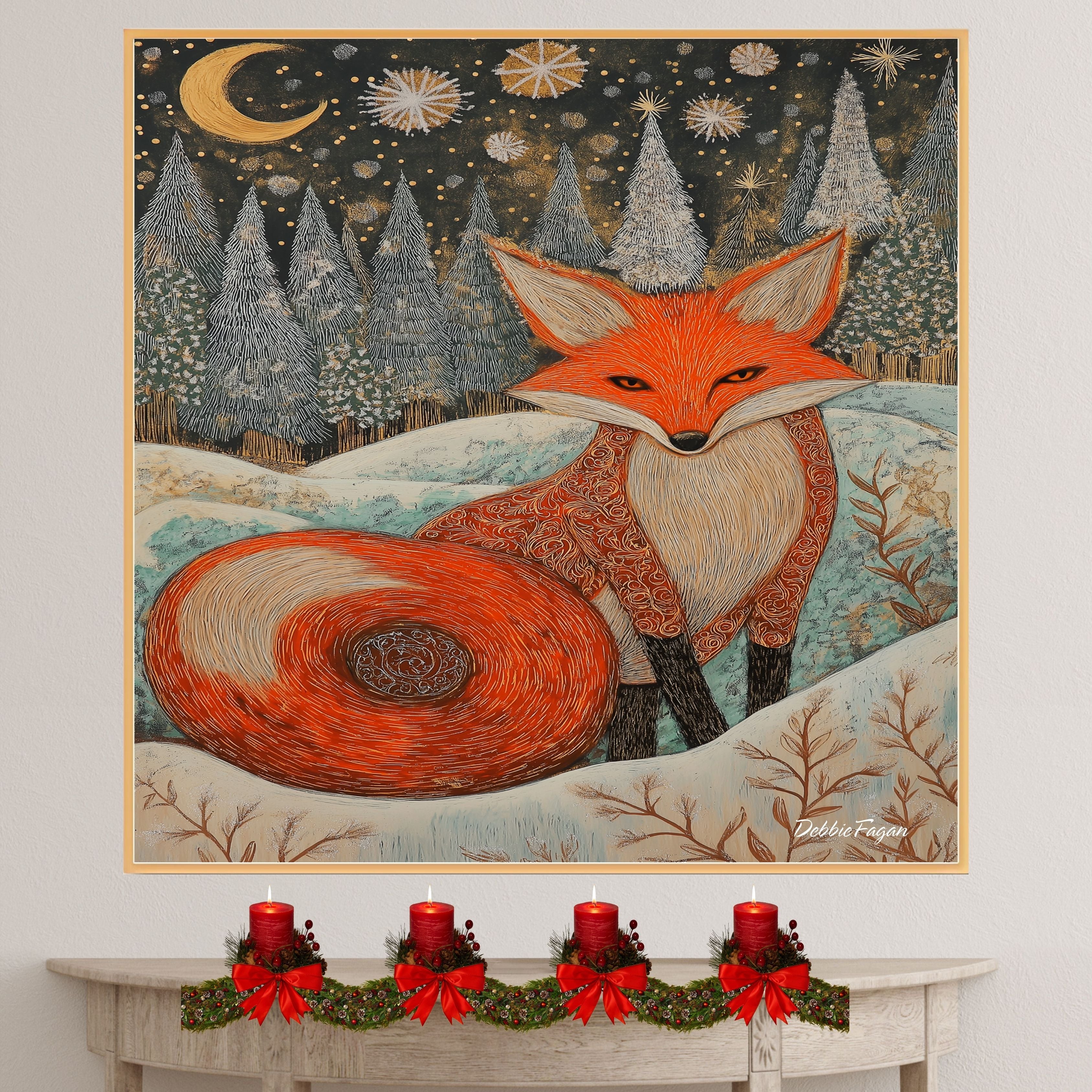 Mystical Winter Fox Canvas – Ornate Red Fox in Snowy Forest Under Moonlight and Sparkling Snowflakes on Ready to Hang 1.5" Thick Canvas Wrap, Floating Framed Canvas, Flat Rolled Canvas