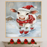 Whimsical Christmas Cow Ice Skating with Red Santa Hat and Snowflake Scarf Festive Farm Animal Illustration for Country Winter Décor and Holiday Cheer on Ready to Hang 1.5" Thick Canvas Wrap, Floating Framed Canvas, Flat Rolled Canvas