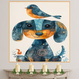 Whimsical Dachshund Dog with Blue Bird on Head Colorful Folk Style Animal Illustration for Kids Room or Nursery Perfect for Dog and Bird Art Lovers on Ready to Hang 1.5" Thick Canvas Wrap, Floating Framed Canvas, Flat Rolled Canvas
