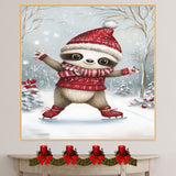 Whimsical Christmas Sloth Skating Art Print – Cute Red Sweater & Santa Hat Winter Holiday Decor, Nursery Wall Art, Cozy Woodland Animal Illustration on Ready to Hang 1.5" Thick Canvas Wrap, Floating Framed Canvas, Flat Rolled Canvas