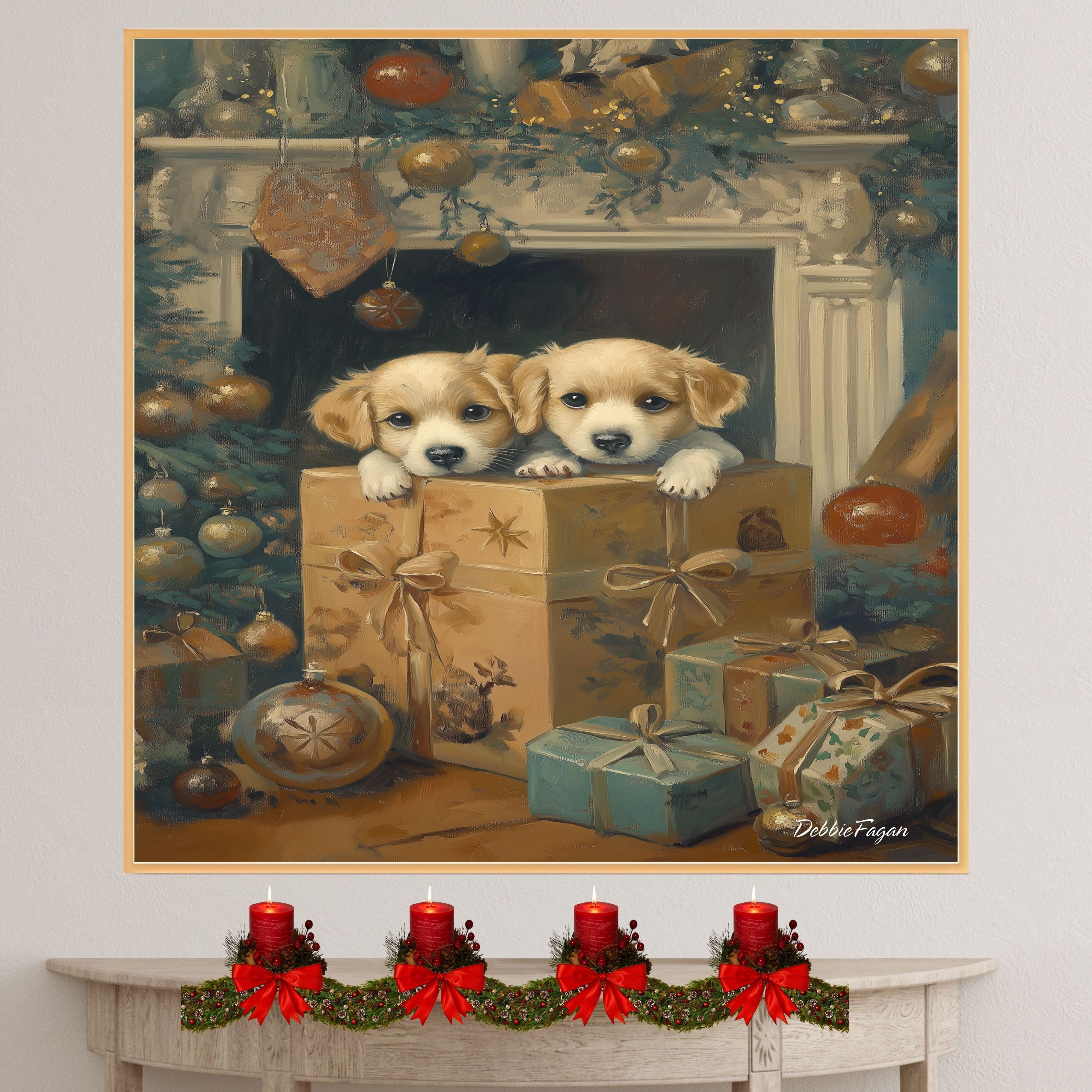 "Under the Tree Joy" - Two Adorable Puppies Above a Big Gift Under the Christmas Tree, Ready to Hang 1.5" Thick Canvas Wrap, Floating Framed Canvas, Flat Rolled Canvas