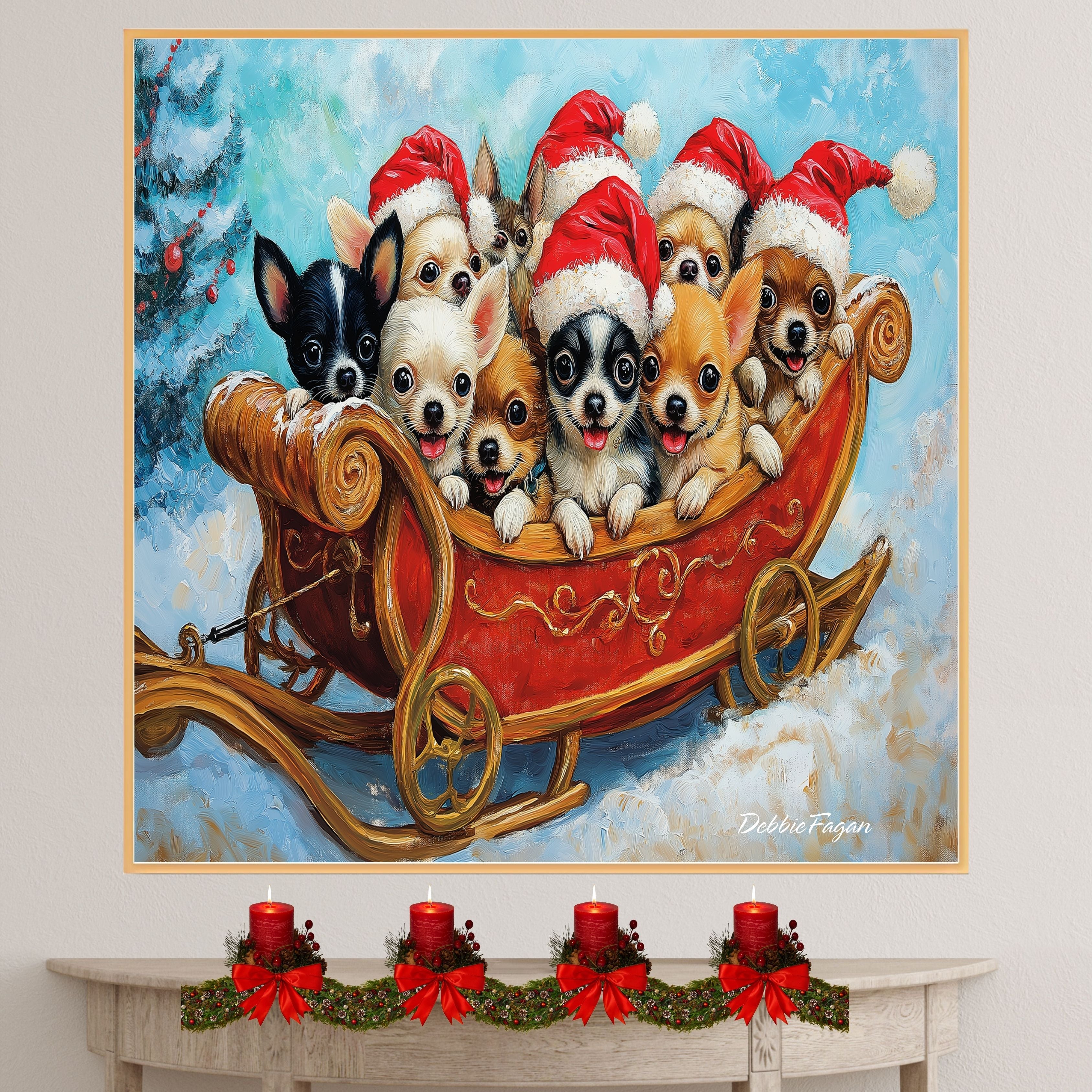 Dog Christmas Canvas  - "Sleighing the Season" - Adorable Puppies in Santa Hats on a Festive Sleigh in Winter Snow on Ready to Hang 1.5" Thick Canvas Wrap, Floating Framed Canvas, Flat Rolled Canvas