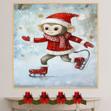 Whimsical Christmas Monkey Ice Skating in Red Jacket and Santa Hat – Playful Holiday Animal Illustration for Nursery Art, Seasonal Gifts, or Winter Decor on Ready to Hang 1.5" Thick Canvas Wrap, Floating Framed Canvas, Flat Rolled Canvas