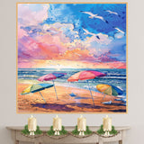 Watercolor Painting of Colorful Beach Umbrellas and Seagulls at Sunset on Ready to Hang 1.5" Thick Canvas Wrap, Floating Framed Canvas, Flat Rolled Canvas