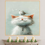 Peaceful White Cat with Bird on Head Serene Animal Art for Nursery Kids Room and Pet Lovers Uplifting Gift for Bird and Cat Enthusiasts on Ready to Hang 1.5" Thick Canvas Wrap, Floating Framed Canvas, Flat Rolled Canvas