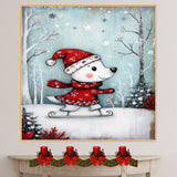 Whimsical Christmas Dog Ice Skating in Red Hat and Sweater Canvas or Art Print for Winter Holiday Wall Decor on Ready to Hang 1.5" Thick Canvas Wrap, Floating Framed Canvas, Flat Rolled Canvas
