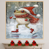 Whimsical Christmas Frog Ice Skating in Red Santa Hat and Scarf Funny Winter Animal Art Print for Kids Room Holiday Decor or Seasonal Gallery Wall on Ready to Hang 1.5" Thick Canvas Wrap, Floating Framed Canvas, Flat Rolled Canvas