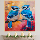 Blue Jay Bird Pair Perched on Branch in Vivid Artistic Detail with Bright Orange and Pink Abstract Background Ideal for Bird Lovers and Nature Enthusiasts on Ready to Hang 1.5" Thick Canvas Wrap, Floating Framed Canvas, Flat Rolled Canvas