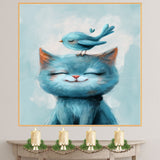 Smiling Blue Cat with Sweet Bird on Head Joyful Animal Art for Nursery Kids Room and Pet Lovers Heartwarming Gift for Cat and Bird Enthusiasts on Ready to Hang 1.5" Thick Canvas Wrap, Floating Framed Canvas, Flat Rolled Canvas
