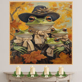 Harvest Charm: Whimsical Green Frog Mother and Daughters in Victorian Fall Attire on Ready to Hang 1.5" Thick Canvas Wrap, Floating Framed Canvas, Flat Rolled Canvas