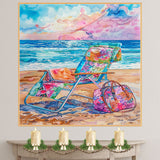 Watercolor Painting of Colorful Reclining Beach Chair with Floral Bag and Blanket on Sand Overlooking Ocean at Sunset on Ready to Hang 1.5" Thick Canvas Wrap, Floating Framed Canvas, Flat Rolled Canvas