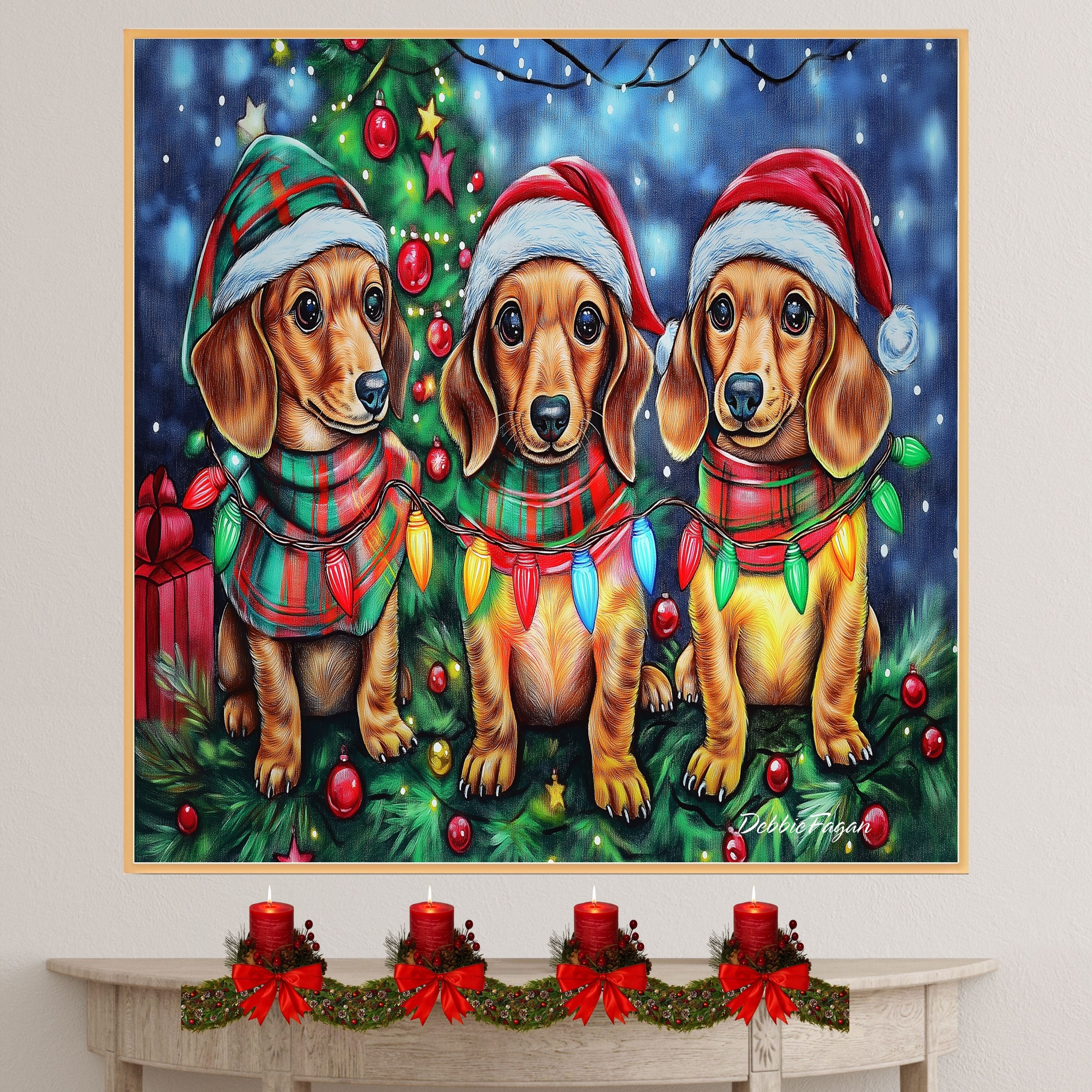 Doxie Christmas Canvas - "Wiener Wonder" - Festive Pups in Cozy Winter Wear Dressed with Twinkling Christmas Lights on Ready to Hang 1.5" Thick Canvas Wrap, Floating Framed Canvas, Flat Rolled Canvas