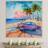 Retro Car Watercolor Painting Driving on Beach Road with Palm Trees and Colorful Ocean Sunset on Ready to Hang 1.5" Thick Canvas Wrap, Floating Framed Canvas, Flat Rolled Canvas