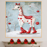Whimsical Christmas Giraffe in Red Boots Ice Skating Through Snowy Forest with Holiday Ornaments – Playful Winter Animal Illustration for Festive Decor on Ready to Hang 1.5" Thick Canvas Wrap, Floating Framed Canvas, Flat Rolled Canvas
