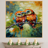 Textured Owl Pair Artwork Featuring Bright Orange Red and Blue Tones with Expressive Eyes on a Branch Against a Bold Green Yellow and Teal Abstract Background on Ready to Hang 1.5" Thick Canvas Wrap, Floating Framed Canvas, Flat Rolled Canvas