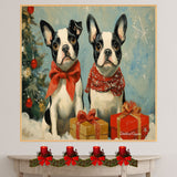 "Winter Whimsy" - French Bulldogs in Cozy Scarves Amidst a Snowy Wonderland with Christmas Tree and Gifts on Ready to Hang 1.5" Thick Canvas Wrap, Floating Framed Canvas, Flat Rolled Canvas