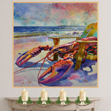 Watercolor Painting of a Vibrant Lobster Relaxing in a Beach Chair by the Ocean Shore with Colorful Sunset Sky on Ready to Hang 1.5" Thick Canvas Wrap, Floating Framed Canvas, Flat Rolled Canvas
