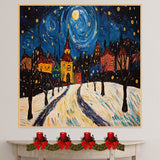 Starry Night Village Scene in Van Gogh Style – Whimsical Folk Art of Snowy Streets and Colorful Holiday Homes on Ready to Hang 1.5" Thick Canvas Wrap, Floating Framed Canvas, Flat Rolled Canvas