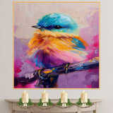 Whimsical Baby Bird Perched on Branch in Bright Blue Pink and Yellow Oil Style with Playful Expressive Brushwork for Nature and Color Enthusiasts on Ready to Hang 1.5" Thick Canvas Wrap, Floating Framed Canvas, Flat Rolled Canvas