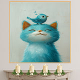 Sweet Blue Cat with Tiny Blue Bird on Head Cute and Whimsical Animal Illustration for Nursery or Kids Room Art Print Perfect for Cat and Bird Lovers on Ready to Hang 1.5" Thick Canvas Wrap, Floating Framed Canvas, Flat Rolled Canvas