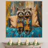 Whimsical Painting of Two Raccoons in Bright Pajamas Sitting on a Bed with Soft Pillows and a Colorful Blanket in a Cozy Setting with Expressive Faces on Ready to Hang 1.5" Thick Canvas Wrap, Floating Framed Canvas, Flat Rolled Canvas