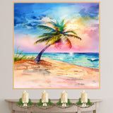 Watercolor Painting of a Multicolored Palm Tree on a Tropical Beach with Ocean Waves and Vibrant Sunset Sky on Ready to Hang 1.5" Thick Canvas Wrap, Floating Framed Canvas, Flat Rolled Canvas