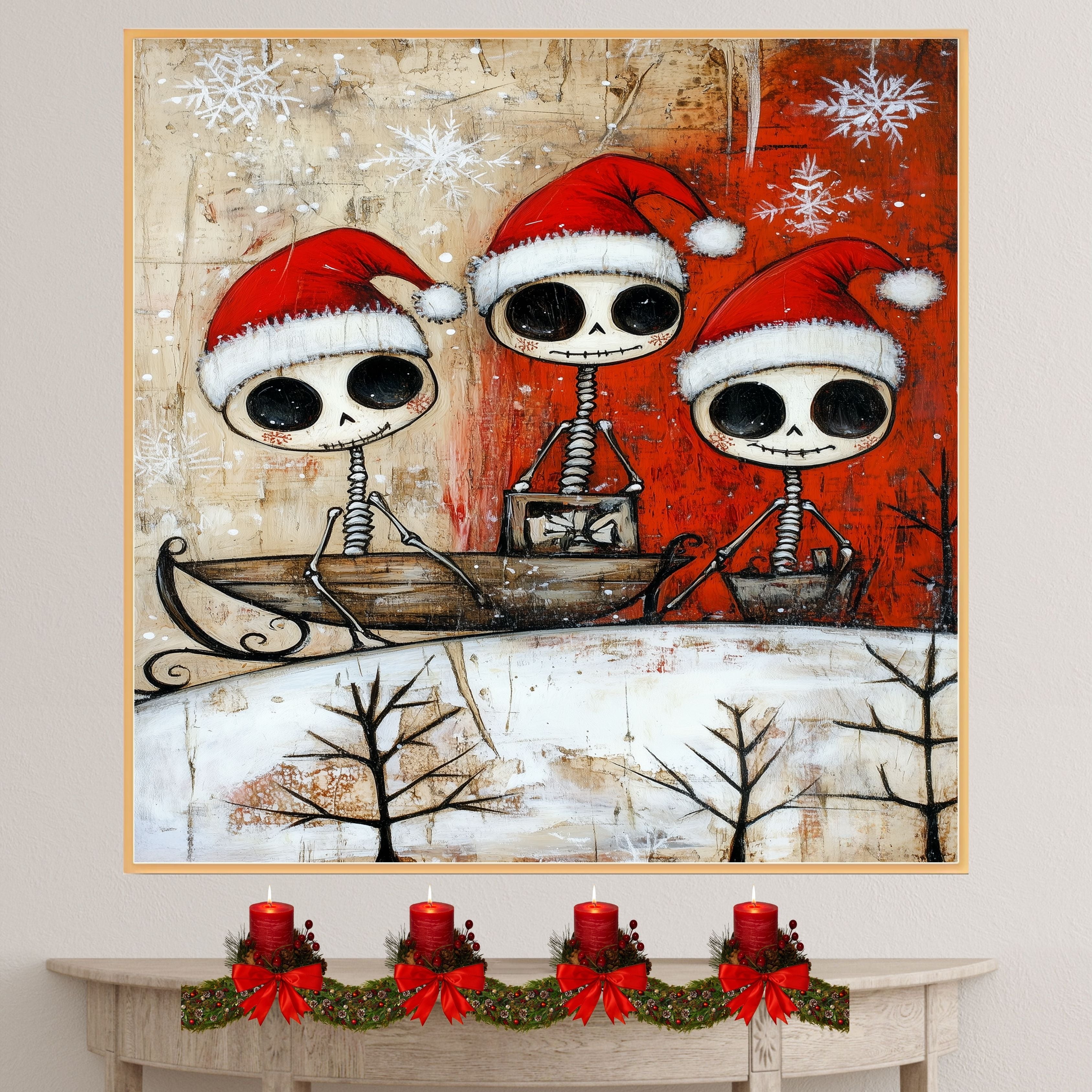 Cute Skeleton Trio Sleigh Ride Christmas Art Print – Whimsical Gothic Holiday Decor with Santa Hats & Gifts, Alternative Winter Wall Art for Spooky Season Lovers on Ready to Hang 1.5" Thick Canvas Wrap, Floating Framed Canvas, Flat Rolled Canvas
