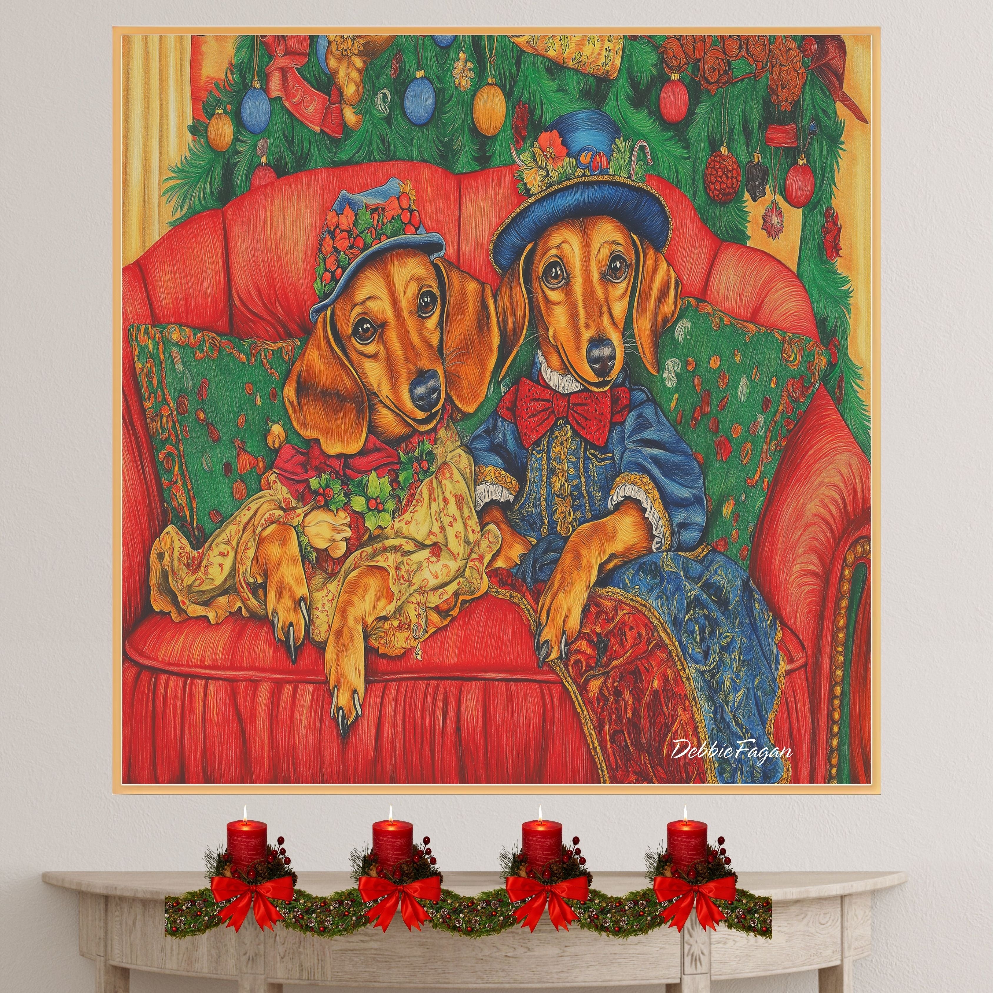 Wiener Christmas Canvas  - "Dachshund Serenity" - Elegant Doxie Dogs Lounging on a Vintage Red Ornate Sofa on Ready to Hang 1.5" Thick Canvas Wrap, Floating Framed Canvas, Flat Rolled Canvas