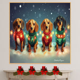 "Dachshund Merriment" - Cozy Doxies in Festive Sweaters & Twinkling Holiday Lights in Winter Wonderland on Ready to Hang 1.5" Thick Canvas Wrap, Floating Framed Canvas, Flat Rolled Canvas