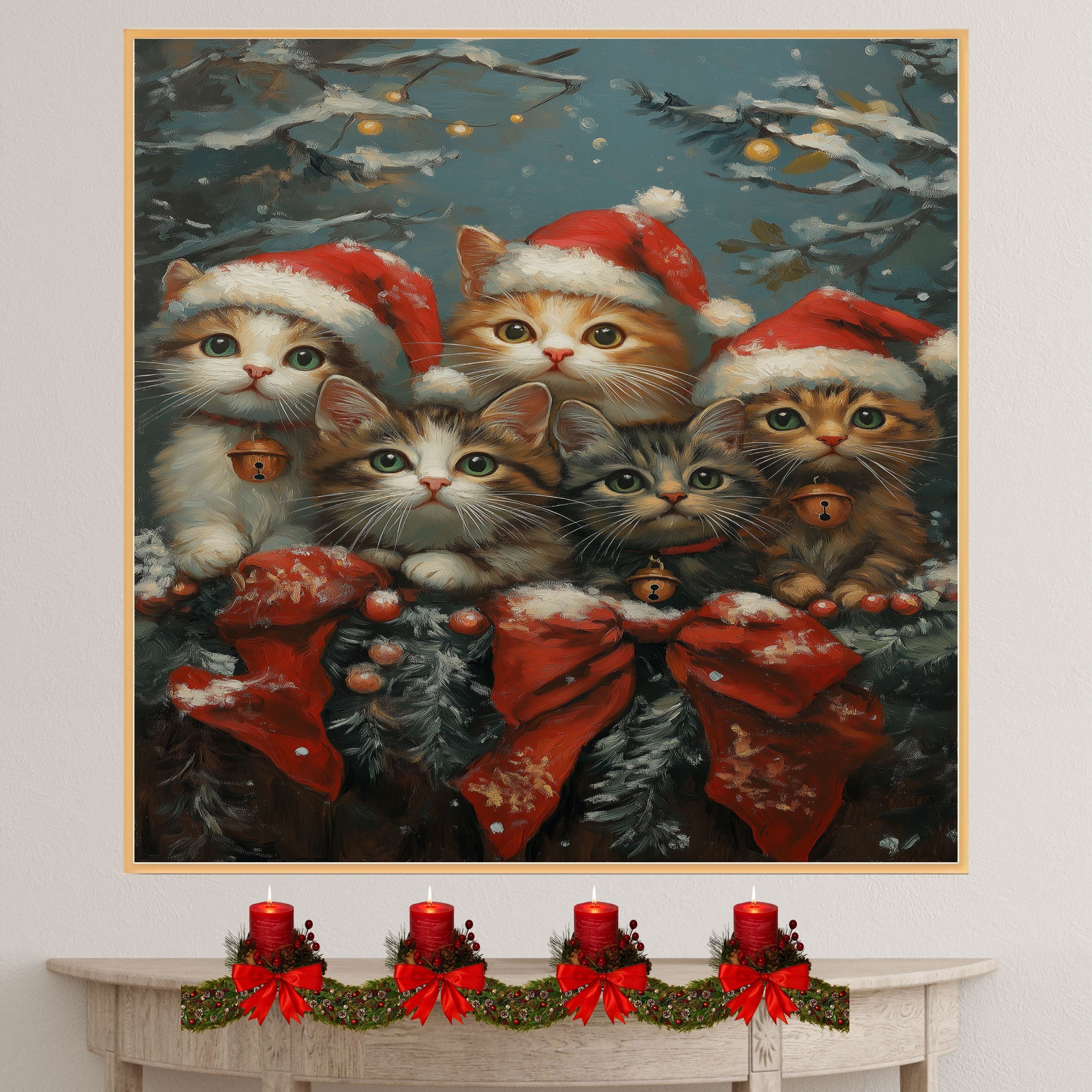 Vintage Style Painting of Five Christmas Kittens in Santa Hats with Bells and Red Bows Perfect for Holiday Decor or a Cute Seasonal Gift for Cat Lovers on Ready to Hang 1.5" Thick Canvas Wrap, Floating Framed Canvas, Flat Rolled Canvas