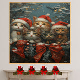 Vintage Style Painting of Five Christmas Kittens in Santa Hats with Bells and Red Bows Perfect for Holiday Decor or a Cute Seasonal Gift for Cat Lovers on Ready to Hang 1.5" Thick Canvas Wrap, Floating Framed Canvas, Flat Rolled Canvas