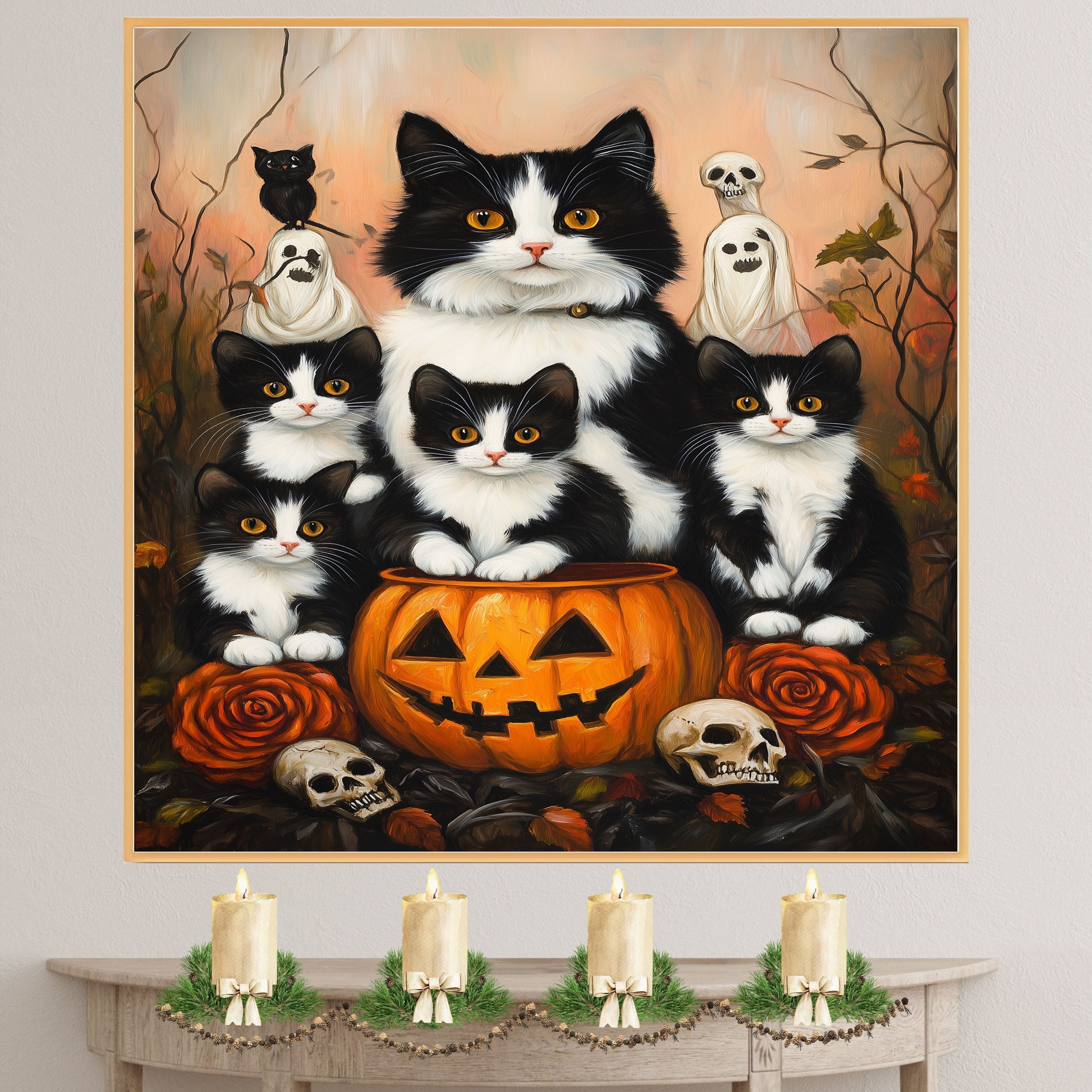 Haunting Whispers: Tuxedo Cat Mom and Four Kittens in a Spooky Forest on Ready to Hang 1.5" Thick Canvas Wrap, Floating Framed Canvas, Flat Rolled Canvas